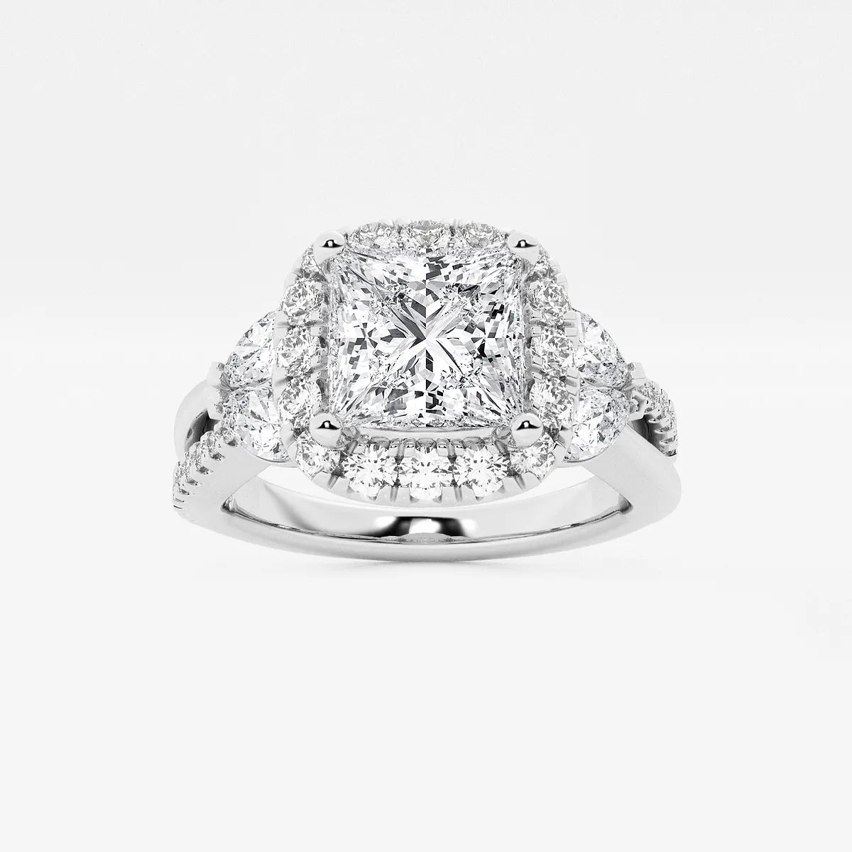 Princess Cut Lab Diamond Halo Ring | Pear & Round Brilliant Cluster Sides & Pavé Band