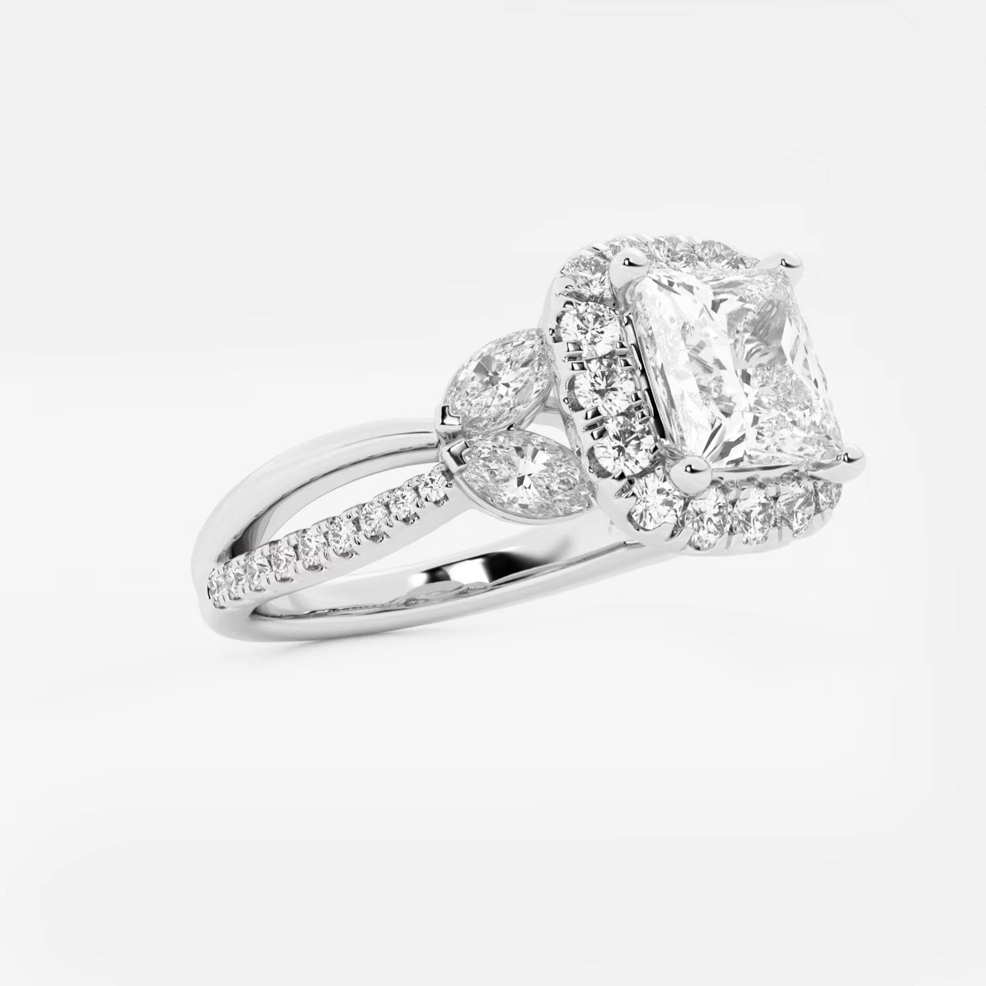Princess Cut Lab Diamond Halo Ring | Pear & Round Brilliant Cluster Sides & Pavé Band