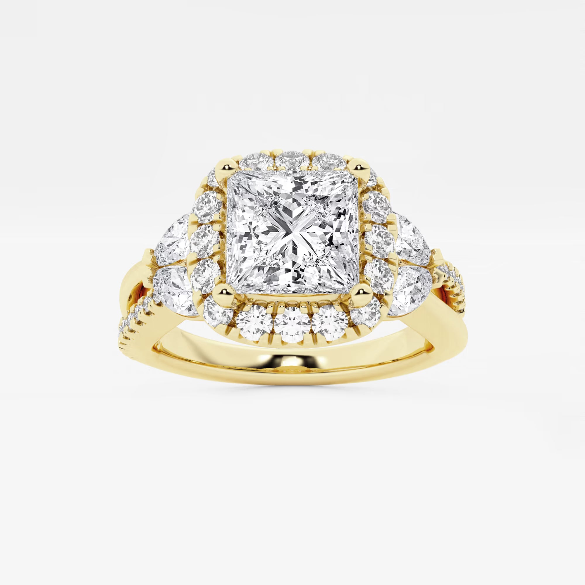 Princess Cut Lab Diamond Halo Ring | Pear & Round Brilliant Cluster Sides & Pavé Band