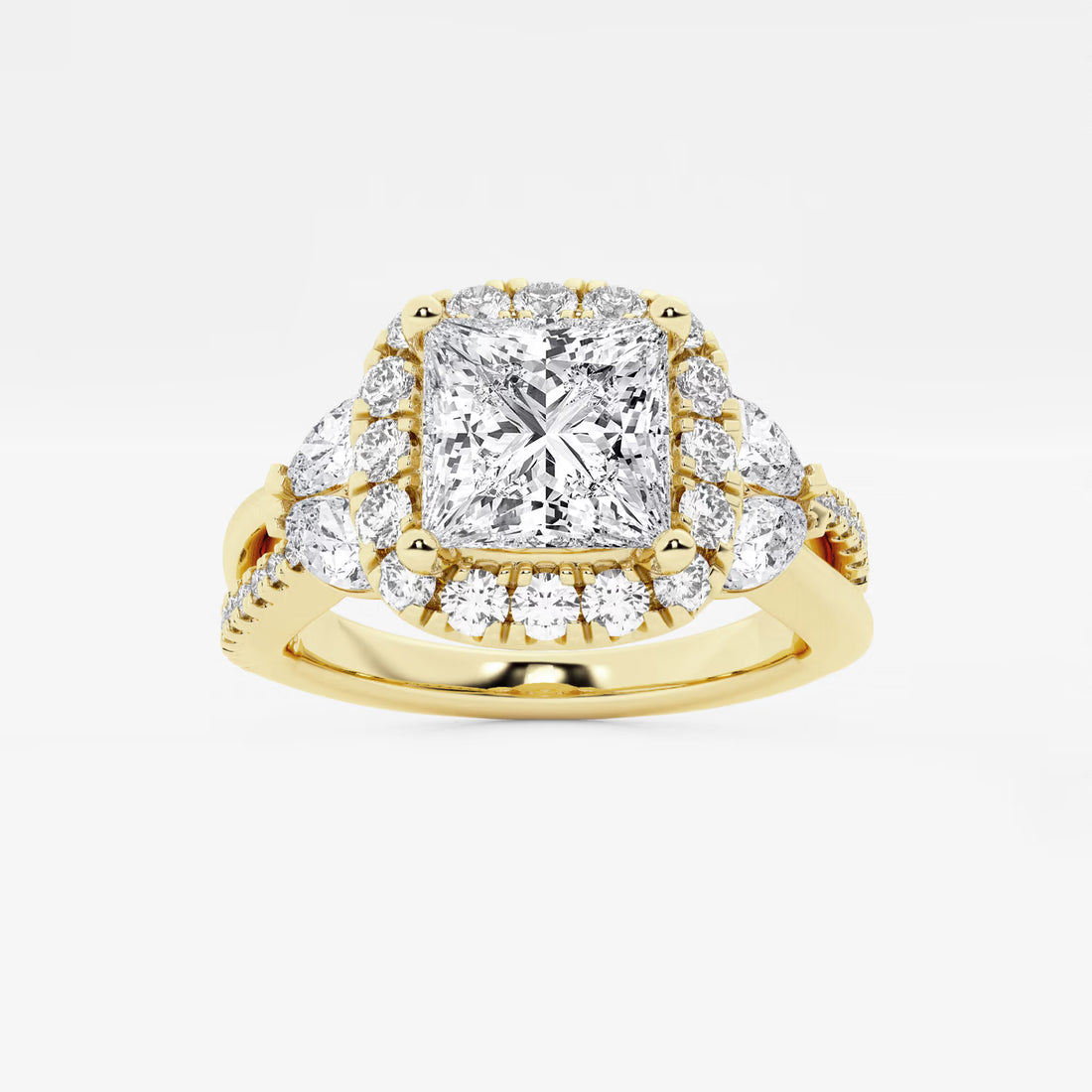 Princess Cut Lab Diamond Halo Ring | Pear & Round Brilliant Cluster Sides & Pavé Band