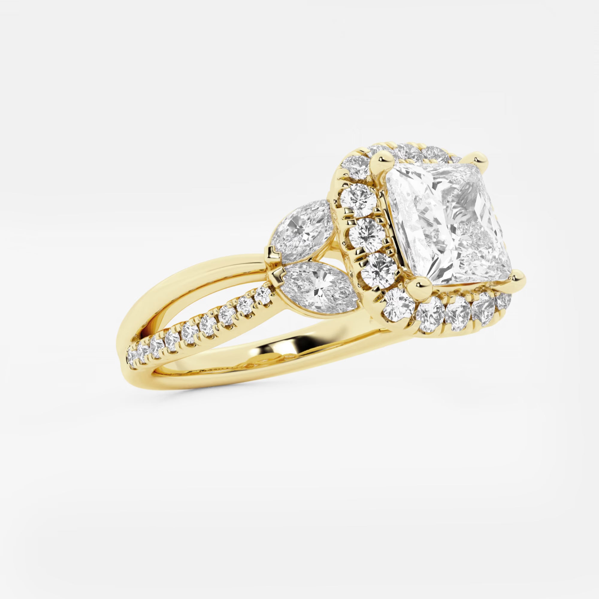 Princess Cut Lab Diamond Halo Ring | Pear & Round Brilliant Cluster Sides & Pavé Band