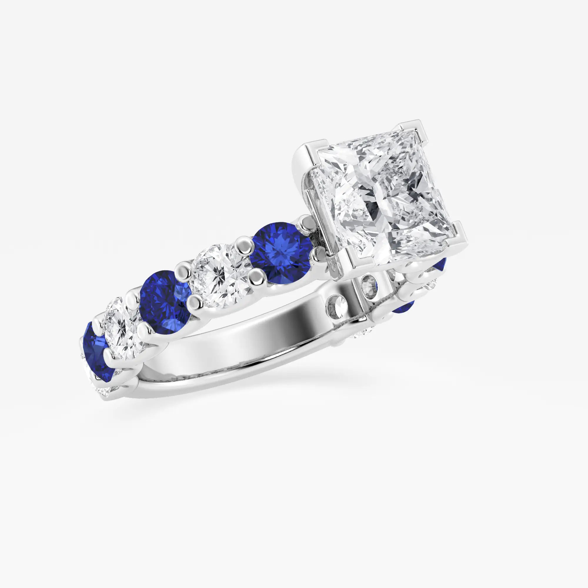 Princess Cut Lab-Grown Diamond & Blue Sapphire Three-Stone Engagement Ring